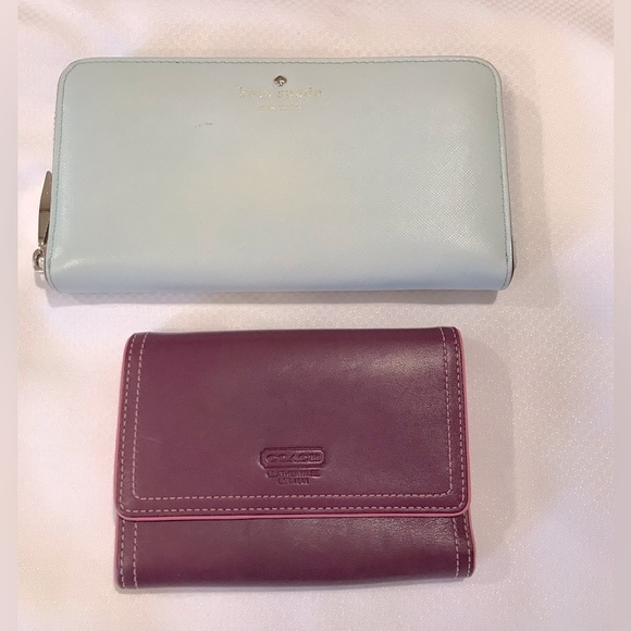 Bundle Coach Three Fold Leather Purple/Pink Wallet & Kaye Spade Blue/Green - Picture 1 of 9